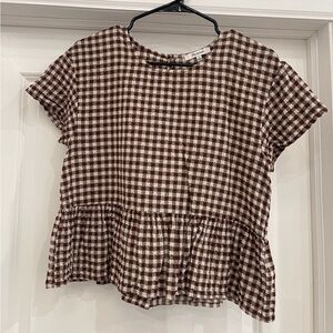 Madewell Checkered Cropped Flare Top with Cap Sleeves
